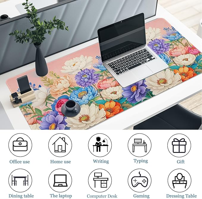 Desk Pad Peony Flowers, Desk Matt for Desktop Women Girls Floral Gaming Mouse pad Extend XXL Large Anti-Slip with Stitched Edges Waterproof Computer Laptop Keyboard Mat for Gaming, Home, Work, Office