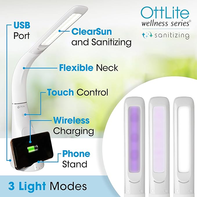 OttLite Purify LED Sanitizing Desk Lamp with Wireless Charging – Eliminates up to 99.9% of Bacteria, Touch Activated, Flexible Neck, Modern Light for Reading, Crafting & Office Desktop