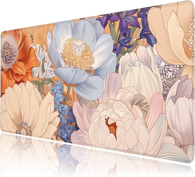 Desk Mat, Aesthetic Dark Flowers XXL 35.4"x15.7"Large Gaming Mouse Pad, 3mm Thick Gaming Keyboard Pad,Desk Pad Non-Slip Rubber Base with Stitched Edges for Office Game Home Decor