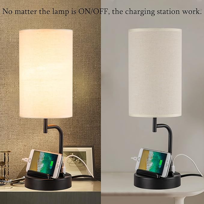 Dreamholder Touch Control USB Table Lamp, Upgraded 3-Way Dimmable Bedside Desk Lamp with USB C & A Charging Ports and AC Outlet, Nightstand Lamp for Bedroom, Dimmable 9W LED Bulb Included