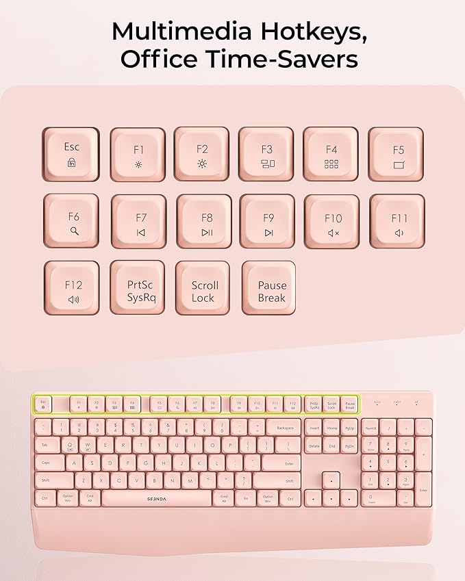 seenda Wireless Bluetooth Keyboard and Mouse Combo, COE200 Ergonomic Wireless Keyboard Mouse with Wrist Rest, Multi-Device Connection, Full-Size Compatible for Computer/Laptop/Mac/MacBook, Pink