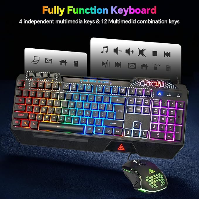 CHONCHOW Gaming Keyboard and Mouse Combo, USB Wired RGB Backlit Anti-Ghosting Silent Keyboard with Ergonomic Wrist Rest & Phone Holder, 7D 7200DPI Gaming Mouse for PC Gamer Xbox PS4 PS5 (RGB-Black)