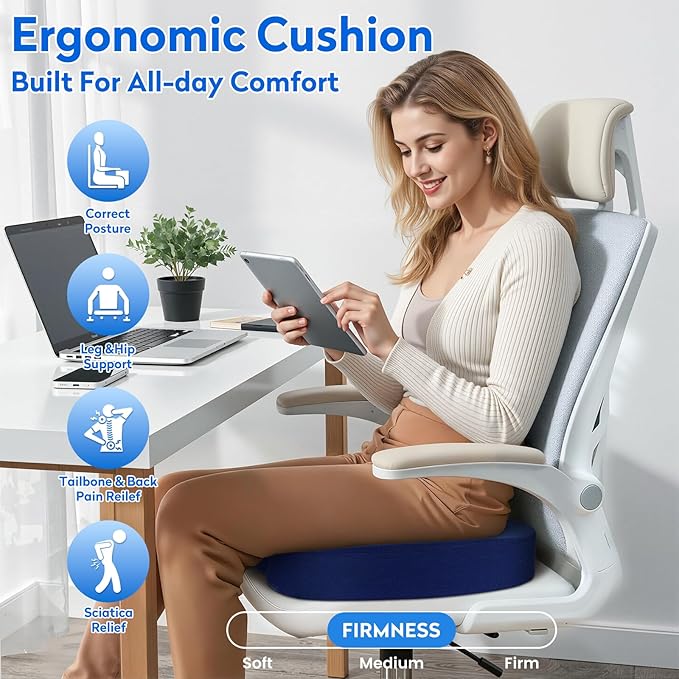Office Chair Cushions, Memory Foam Coccyx Cushion for Tailbone Support Office Chair Car Seat, Sciatica, Coccyx, Lower Back Support (Blue)