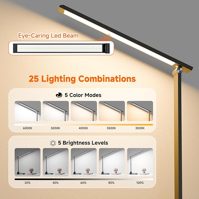ShineTech LED Desk Lamp with USB-C Charging Port, Dimmable Desk Lamp for Home Office, Eye-Caring Reading Lamp with 25 Lighting Modes, Small Desk Light for Bedroom Nightstand with Adapter
