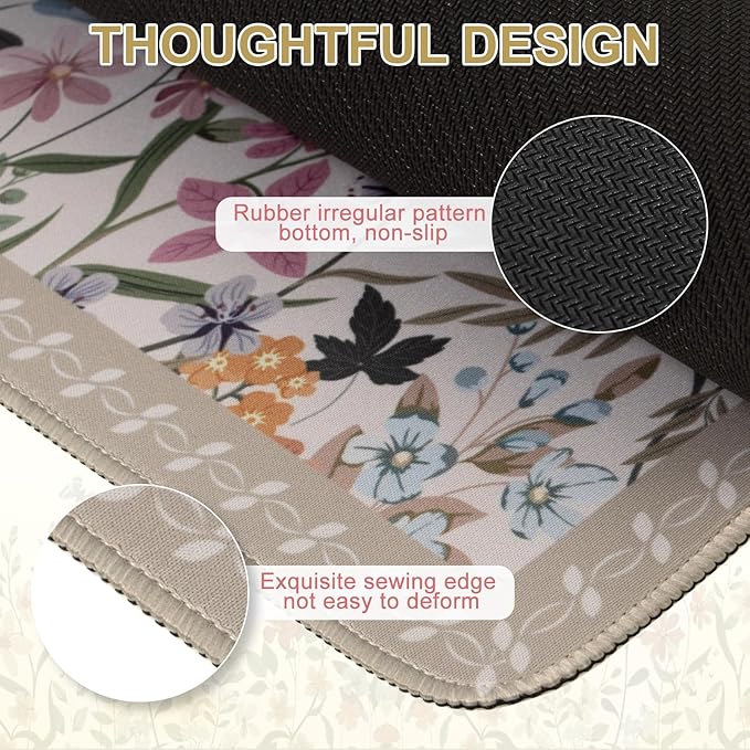 iCasso Floral Desk Mat for Keyboard and Mouse,Cute Gaming Mouse Pad XXL,Anti-Slip Desk Matt for Desktop,Soft Lycra Surface Computer Mat Women,Girly Big Mousepad for Home Office (Beige)