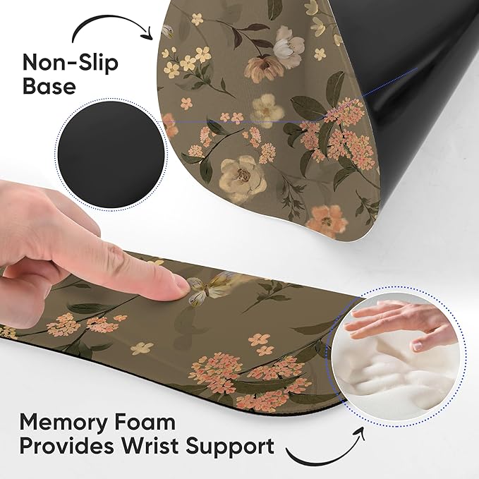 Ergonomic Keyboard Mouse Pad Wrist Rest Support Set for Laptop/Computer/Desktop,Memory Foam Hand Rest Wrist Cushion for Gaming/Office,Lightweight Comfortable (Flowers)