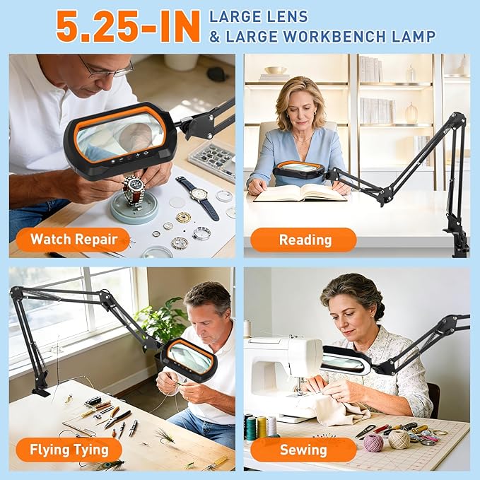 HITTI 12X Square Magnifying Glass with Light and Clamp, Hands-Free Lighted Stand with Ultra Long 3-Section Arm | 5 Color Modes & Stepless Dimming LED Desk Lamp for Workbench, Crafting, Reading -Yellow