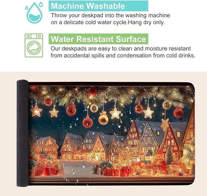 Desk Mat, XXL Extended Gaming Pad for Desktop, 35x16 Inches Village with Tree and Lights, Large Non-Slip Vegan Leather Keyboard Mouse Mat for Home Office