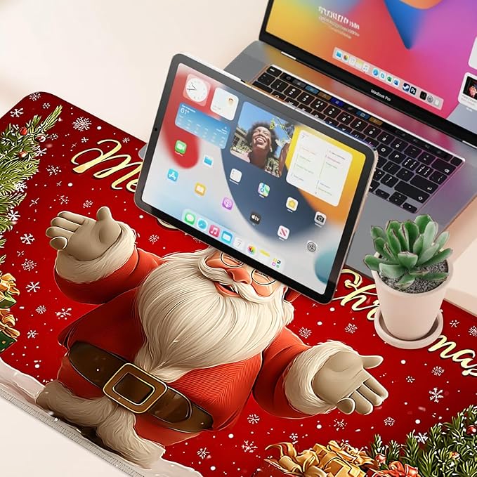 Desk Mat, XXL Extended Gaming Pad for Desktop, 35x16 Inches Jolly Santa with Tree, Large Non-Slip Vegan Leather Surface with Stitched Edges, Keyboard Mouse Mat for Home Office