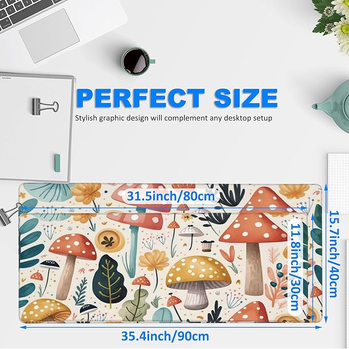 Desk Pad, Hand Drawn Charming Mushroom and Leaves Extended Gaming Mouse Pad Large, 31.5"x11.8" Big Mouse Pad with Non-Slip Base and Stitched Edge, Long Computer Keyboard Mouse Mat for Home Office Work