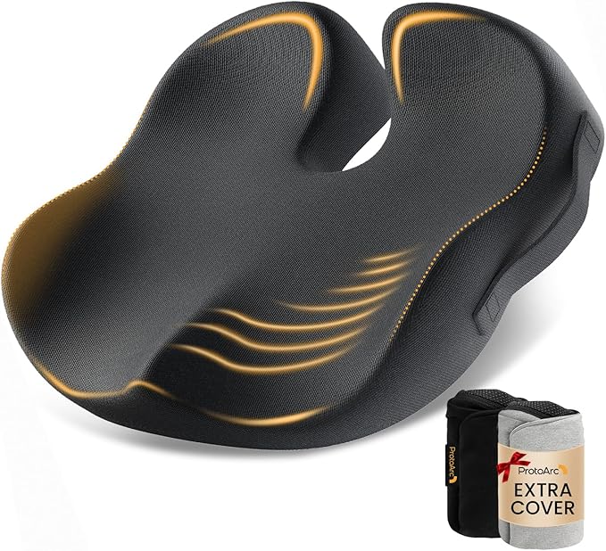 ProtoArc Extra Large Seat Cushion for Coccyx Ergonomic Support, Seat Cushions for Office Chairs, Extra Cover, Ergonomic Memory Foam Desk Chair Cushion for Lumbar Support, Car Seat Cushion - Black