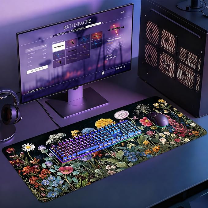 Desk Mat, XXL Extended Gaming Pad for Desktop, 35x16 Inches Dark Floral Art on Dark Background, Large Non-Slip Vegan Leather Keyboard Mouse Mat for Home Office