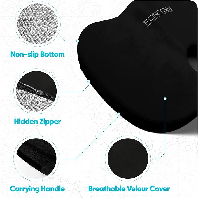 FORTEM Seat Cushion, Office Chair Cushion, Lumbar Support Pillow for Office Chair, Memory Foam Ergonomic Coccyx & Lumbar Support, Car Sitting Pad, Washable Non Slip