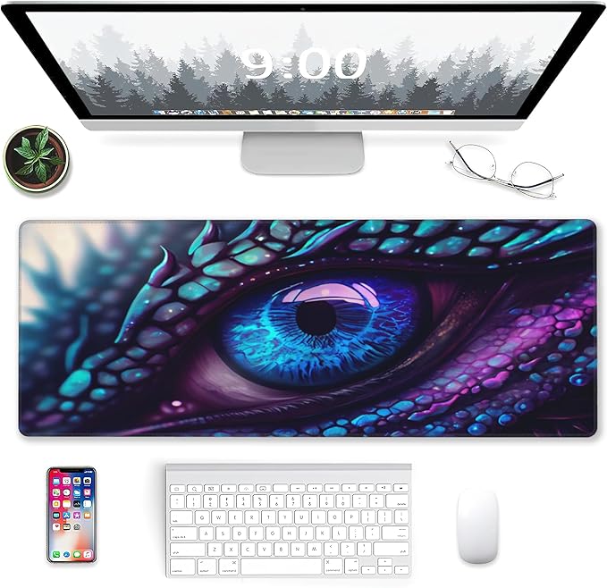 Desk Mat, Blue and Purple Fantasy Dragon Eye Extended Gaming Mouse Pad Large, 31.5"x11.8" Big Mouse Pad with Non-Slip Base and Stitched Edge, Long Computer Keyboard Mouse Mat for Home Office Work