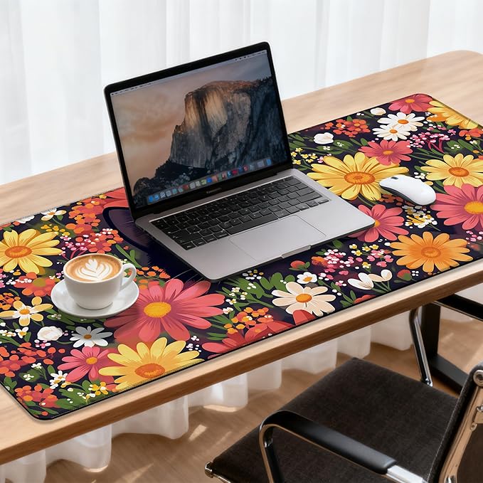 Large Mouse Pad 35.4x15.7 Inch Black Cat in Flowers Gaming Desk Mat with Non-Slip Rubber Base, Stitched Edges for Gaming,Office