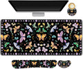 ARTSO Desk Mat Set, Black Butterfly Extended Gaming Mouse Pad with Wrist Rest Support +Keyboard Wrist Rest +Coaster, Large Cute Mousepad, Easy Typing & Comfort