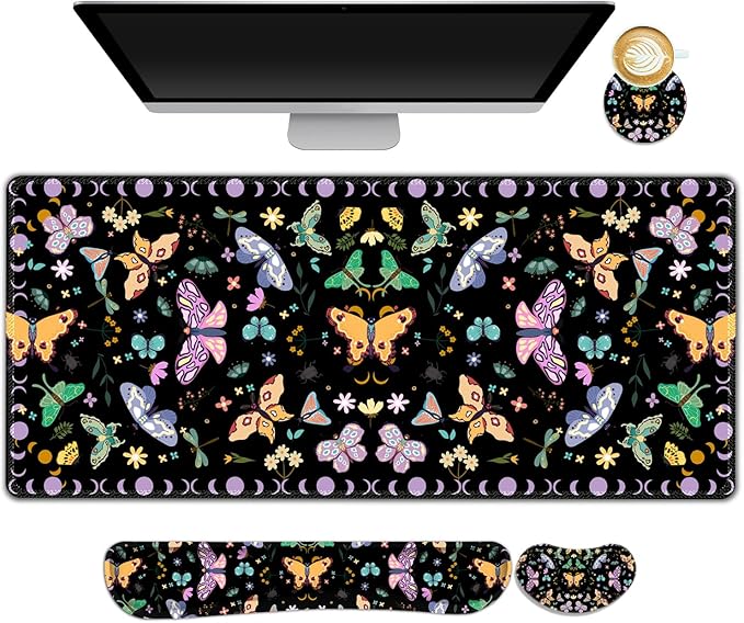 ARTSO Desk Mat Set, Black Butterfly Extended Gaming Mouse Pad with Wrist Rest Support +Keyboard Wrist Rest +Coaster, Large Cute Mousepad, Easy Typing & Comfort