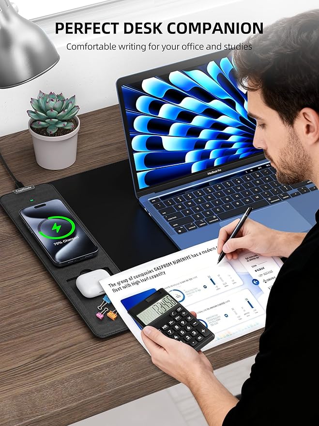 TopMade Mouse Pad with 15W Wireless Charging, Removable 8-Digit Solar Calculator, Exact Large Desk Pad, Waterproof Mousepad Home Office Desk Mat (Includes 20W PD Power Adapter & 6.56ft Woven Cable)