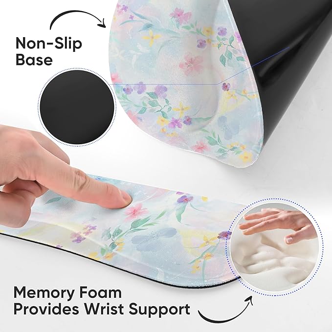 Ergonomic Keyboard Mouse Pad Wrist Rest Support Set for Laptop/Computer/Desktop,Memory Foam Hand Rest Wrist Cushion for Gaming/Office,Lightweight Comfortable (Colorful Flowers)