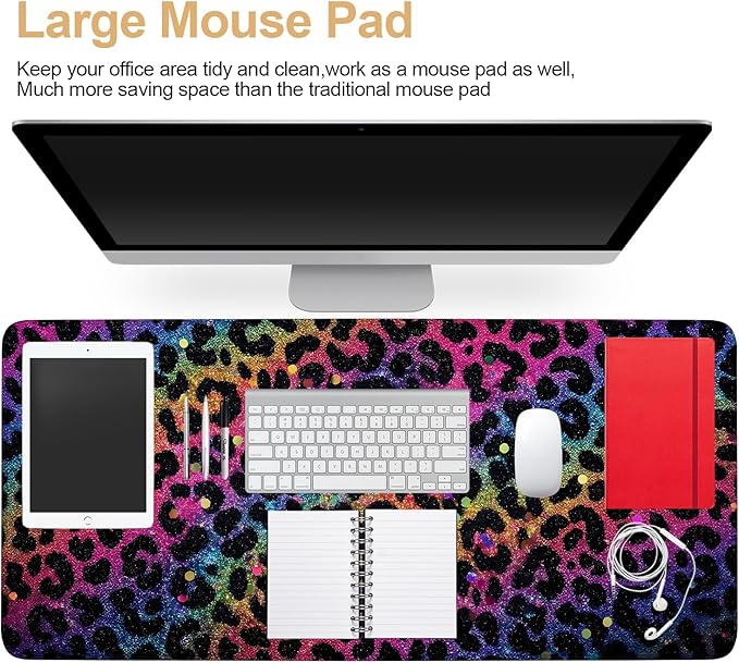 Large Mouse Pad & Keyboard Mat 35x16 Inches, Colorful Gradient Leopard Print Non-Slip Rubber Base Desk Mat, Large Extended Desk Protector for Home Office Gaming Setup
