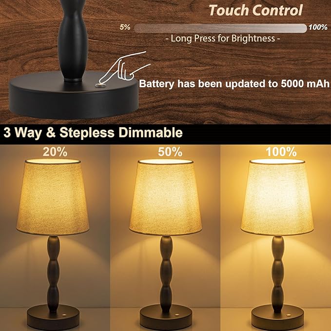 CASTLELIFE Portable Cordless Table Lamp,Touch Desk Lamp Rechargeable Battery Powered, 3-Level Brightness Stepless Dimmable Bedside Night Lamp,for Bedroom/Outdoor,Update 5000 mAh, Bulb Included,Black
