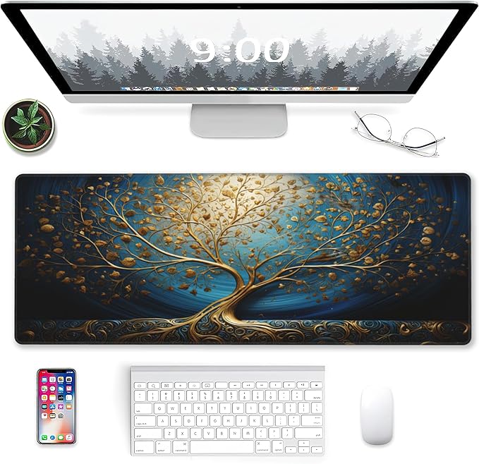 Desk Mat,Blue Golden Tree and Waves Extended Gaming Mouse Pad Large, 31.5"x11.8" 3D Modern Art Landscape Mouse Pad with Non-Slip Base and Stitched Edge,Computer Keyboard Mouse Mat for Home Office