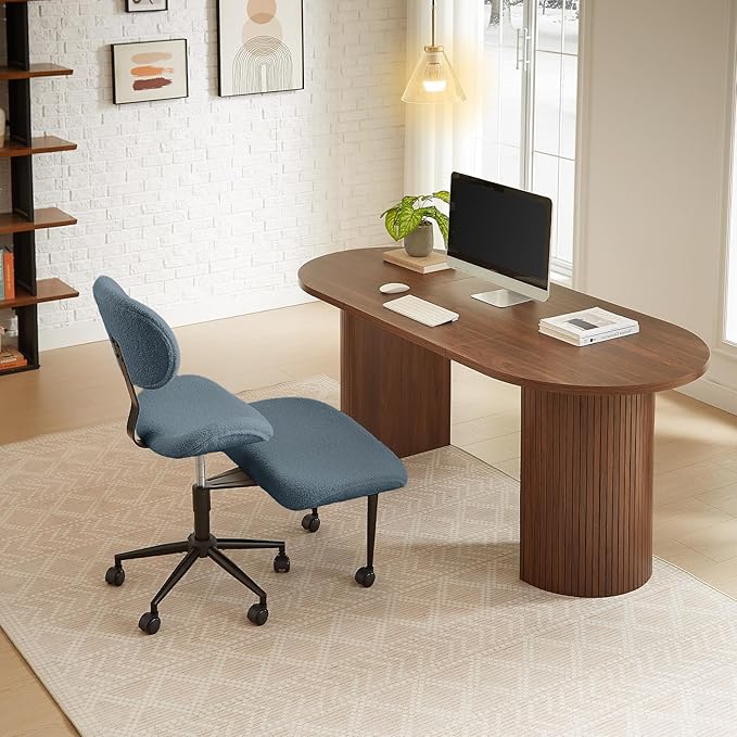 Ergonomic Cross Legged Chair for ADHD, Meditation Chair with 360° Swivel Wheels, Kneeling Office Chair with Back Support, Strong Lumbar Support, Teddy Fabric, Bule