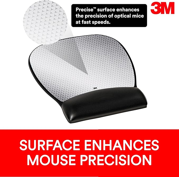 3M Precise Mouse Pad with Gel Wrist Rest, Soothing Gel Comfort with Durable, Easy to Clean Leatherette Cover, Optical Mouse Performance, 9.2" x 8.7", Black (MW310LE)