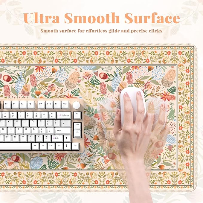 Large Mouse Pad for Desktop, Cute Desk Mat Pad Protector for Work & Gaming, Aesthetic Pretty Anti-Slip Laptop Blotter Cover for Office School Home Supplies, Orange Floral, 35.4" x 15.7"