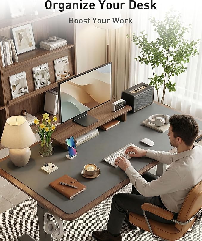 Aothia Faux Leather Desk Mat - Large Mouse Pad, Non-Slip PU Leather Blotter, Waterproof Writing Surface for Office and Home (Grey, 63" x 17")