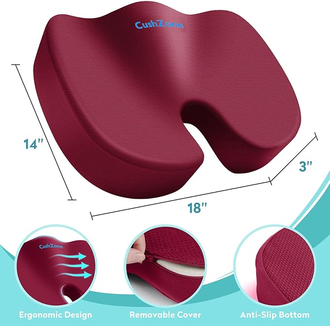 Office Chair Seat Cushion, Cooling Gel Enhanced Memory Foam Cushion for Long Sitting - Back, Coccyx & Tailbone Support Pillow - for Office, Gaming, Car, Wheelchair - Red, Large