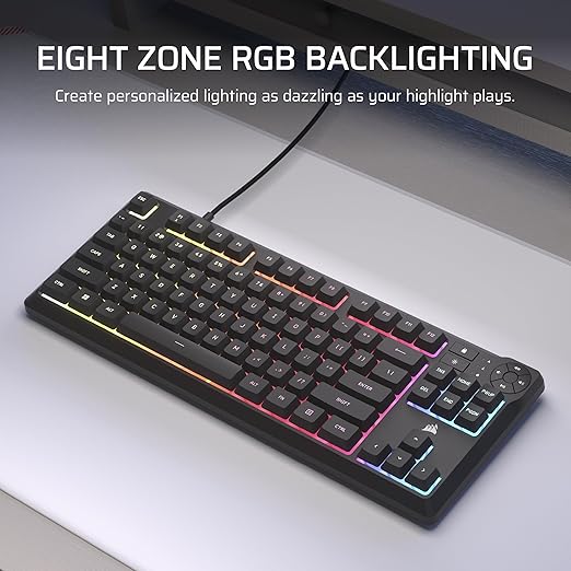 Corsair K55 CORE TKL RGB Gaming Keyboard – Tenkeyless, 8-Zone RGB, Quiet Membrane Keys, Spill Resistant, Media Keys, 1000Hz Polling – NA Layout – Black