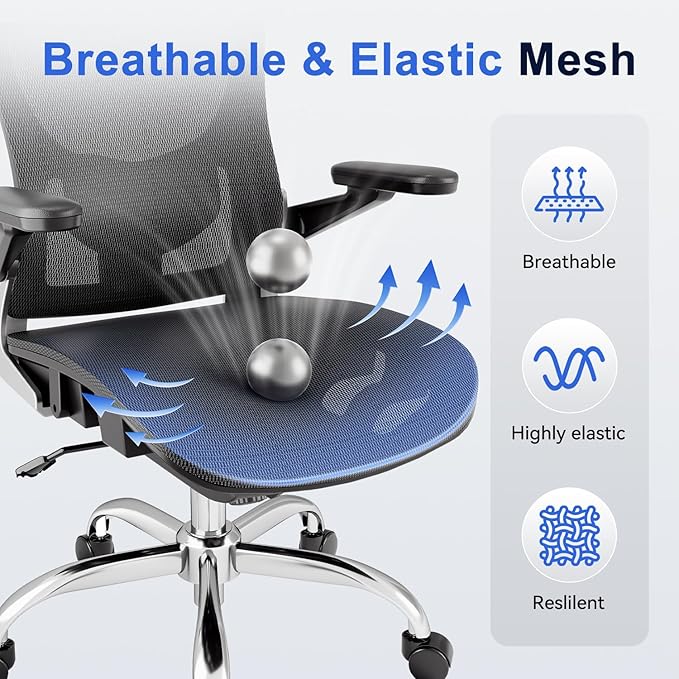 Ergonomic Office Chair, Mesh Seat Cushion with 3D Armrests and 3D Headrest, Adjustable Lumbar Support with 90-120° Rocking Function, Black