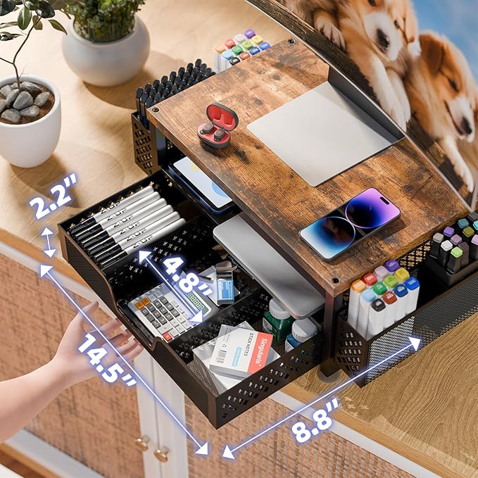 Simple Trending Desk Organizers and Accessories, 2 Tier Monitor Stand Riser with Drawer and 2 Pen Holder for Offices and Dormitories (Wood)