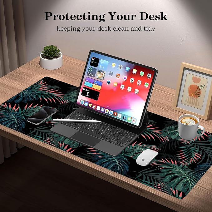 Gaming Flowers Plants Background Pattern Desk Mat Black Background Large Extended XXL Non-Slip Laptop Computer Mouse Pad (31.5" x 15.7")