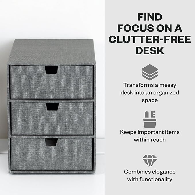Bigso Box of Sweden Ingrid 3-Drawer Canvas Fiberboard Desk Organizer for Office Supplies and Accessories - Stackable Makeup Drawer Organizer - 6.3in x 9.9in x 8.1in - Grey (Pack of 2)