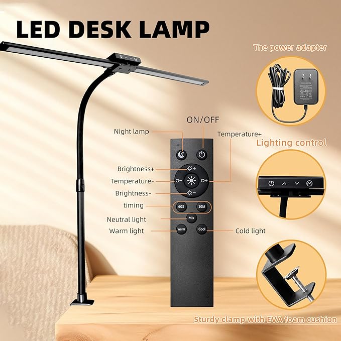 BAYSQUIRREL Led Desk Lamp with Clamp, Gooseneck Remote Control Desk Light with Eye Protection, 24W Ultra Bright Stepless Dimming and Tempering LED Desk Lamp for Home Office, Bedroom, Study