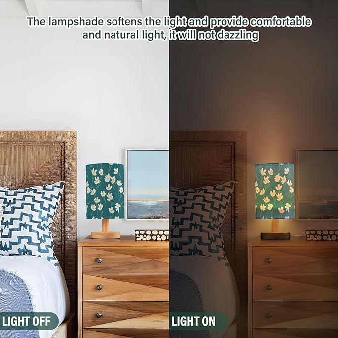 Green Floral LED Table Lamp, Bedside Lamp with Linen Lampshade, Flicker-Free Eye Care USB Plug in Nightstand Lamp, for Bedroom and Office