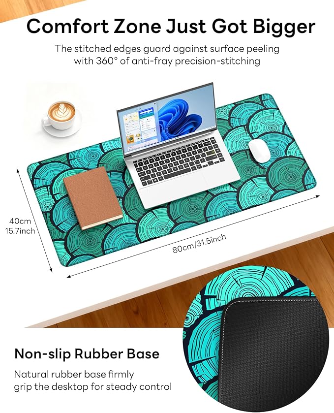 XL Gaming Mouse Pad, 31.5x15.7'' Large Desk Mat with Anti-Slip Rubber Base & Stitched Edges for Gaming, Office, Home, Annual Rings