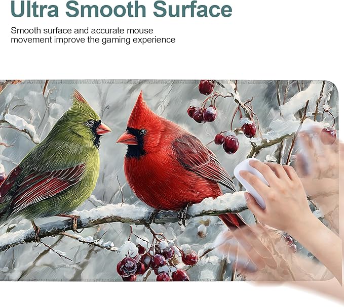 Christmas Bird Extended Gaming Mouse Pad 35.4x15.7Inch Large Desk Mat Anti-Slip Rubber Base & Durable Stitched Edges for Gamers Smooth Mouse Writing Surface for Desk Office/Home