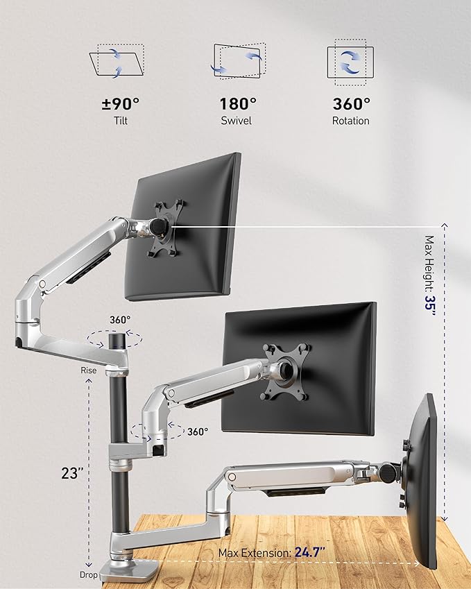 Heavy Duty Triple Monitor Mount, Mechanical Spring 3 Monitor Arm for Ultrawide & Curved Screens, Fits Three 13-40 Inch Displays up to 25 lbs Per Arm, Premium Aluminum VESA Stand, Silver