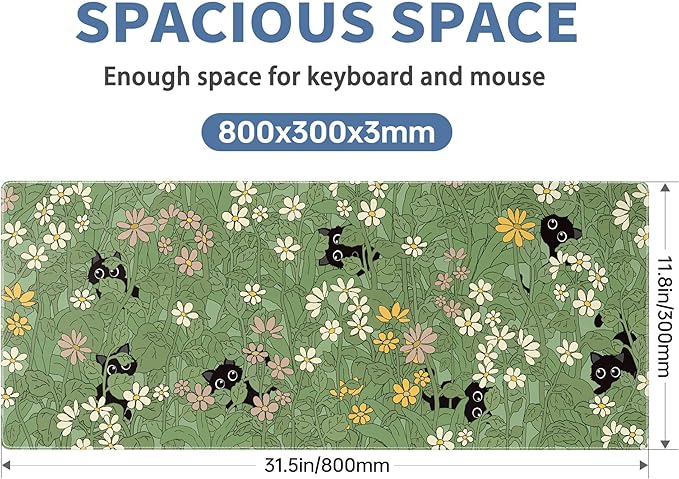 Cute Cat Mouse Pad Large Green Desk Mat Extended Keyboard Mouse Pad Kawaii Mousepad with Non-Slip Base and Stitched Edge Plant Mouse Mat Desk Pad 31.5 x 11.8 in Mouse Pads for Decor Home Office Gaming