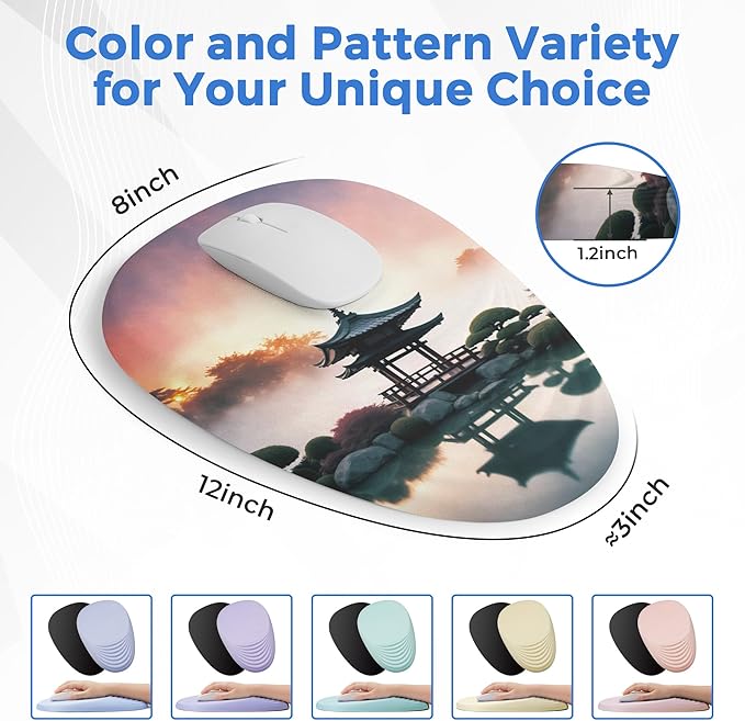 Ergonomic Mouse Pad with Wrist Support, Comfortable Entire Memory Foam, Wrist Pain Relief and Anti-Slip PU Base, Mousepad for Various Computers, Laptop PC (12x8x1.2inch, Pavilion)