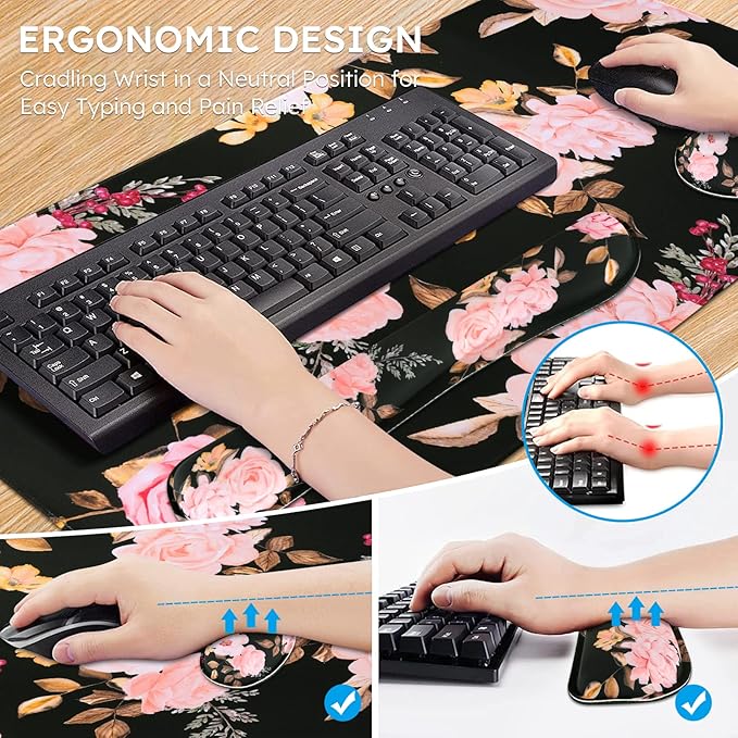 iCasso Keyboard Mouse Pad Set, Extended Gaming Mouse Pad + Keyboard Wrist Rest Support, Memory Foam, Easy Typing & Comfort, 3Pcs (35.4×15.7 in) Large Ergonomic XXL Thick Mousepad Desk Mat