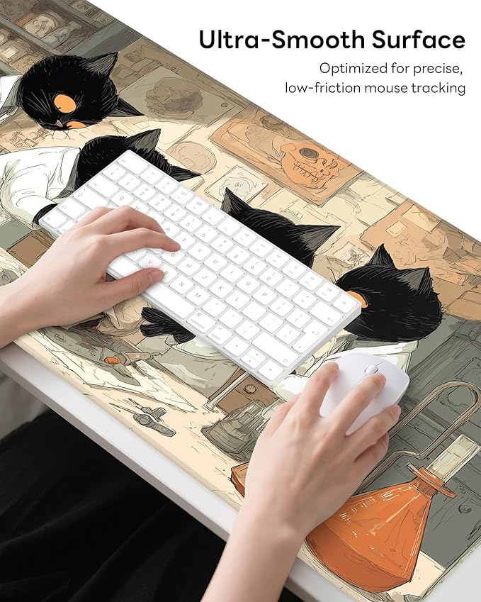 XL Gaming Mouse Pad, 31.5x15.7'' Large Desk Mat with Anti-Slip Rubber Base & Stitched Edges for Gaming, Office, Home, Professor Cat