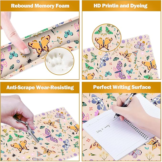 ARTSO Desk Mat Set, Apricot Extended Gaming Mouse Pad with Wrist Rest Support +Keyboard Wrist Rest +Coaster, Large Cute Butterfly Mousepad, Easy Typing & Comfort