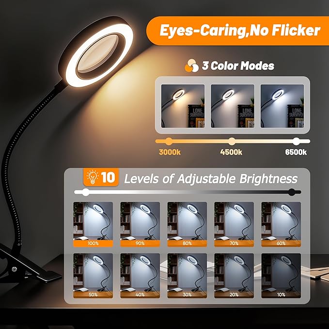 10X Magnifying Glass with Light, 2 in 1 Magnifying Desk Lamp Clip on Mganifier with Light, 3 Color Modes 10 Brightness Levels, 58 LED Clip on Reading Lamp for Bed Crafts DIY Repair,No Adapter