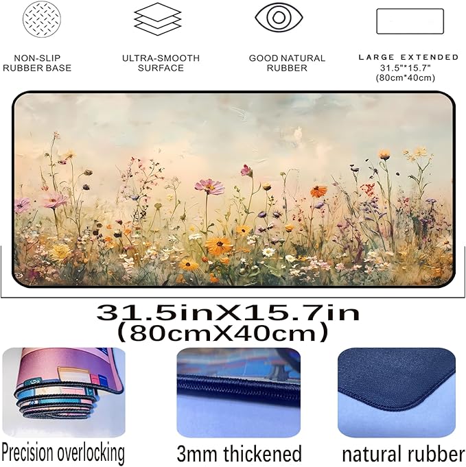 Beige Watercolor Flower Desk Mat, Oil Painting Style Desk Matt, Plant Flower Mouse Mat, Game Desktop Cover Mat, Women's Laptop Keyboard and Mouse Pad, Bohemian Office Desk Decor 31.5"X15.7"