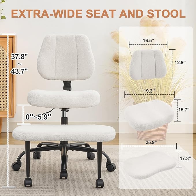 Ergonomic Criss Cross Legged Office Chair, ADHD Chair, Wide Height Adjustable Seat 360° Swivel Footstool with Wheels, Teddy Fabric Meditation Kneeling Chair, for The Restless Home Workers, White