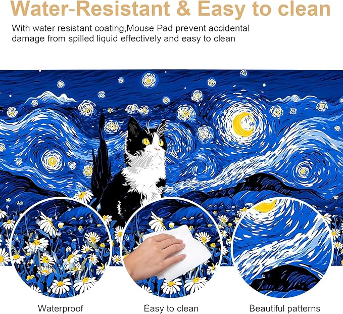 Large Mouse Pad & Keyboard Mat 35x16 Inches, Van Gogh Starry Night with Cat and Daisy Non-Slip Rubber Base Desk Mat, Large Extended Desk Protector for Home Office Gaming Setup